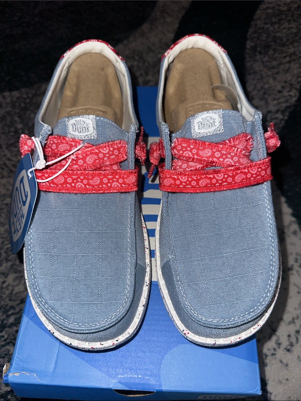 Hey Dude Light Blue Slip-On Flats with Red Bandana Accent